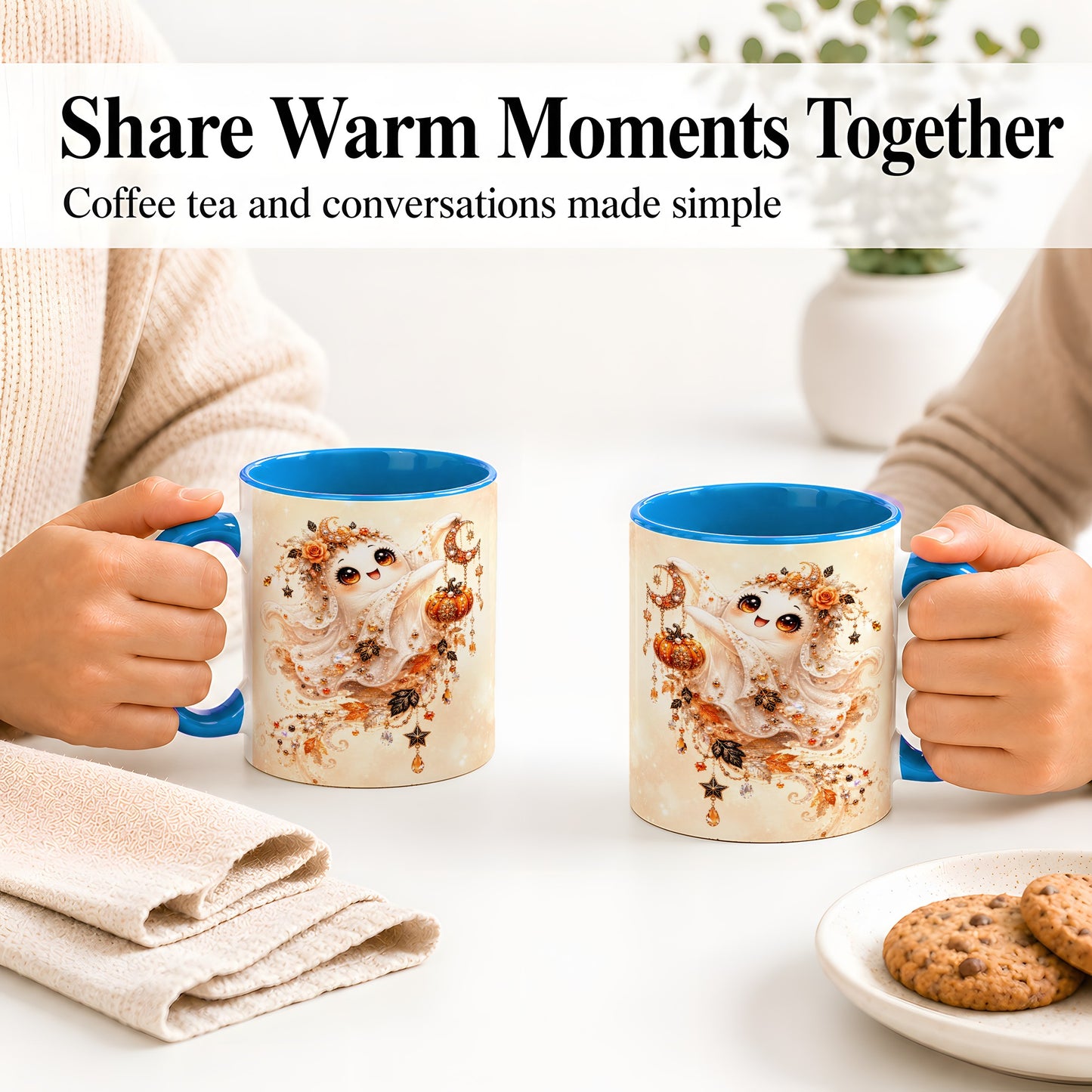 #pl[11oz|Blue] Celestial Autumn Ghost Ceramic Mug, Moon Pumpkin Art for Ghost Fans