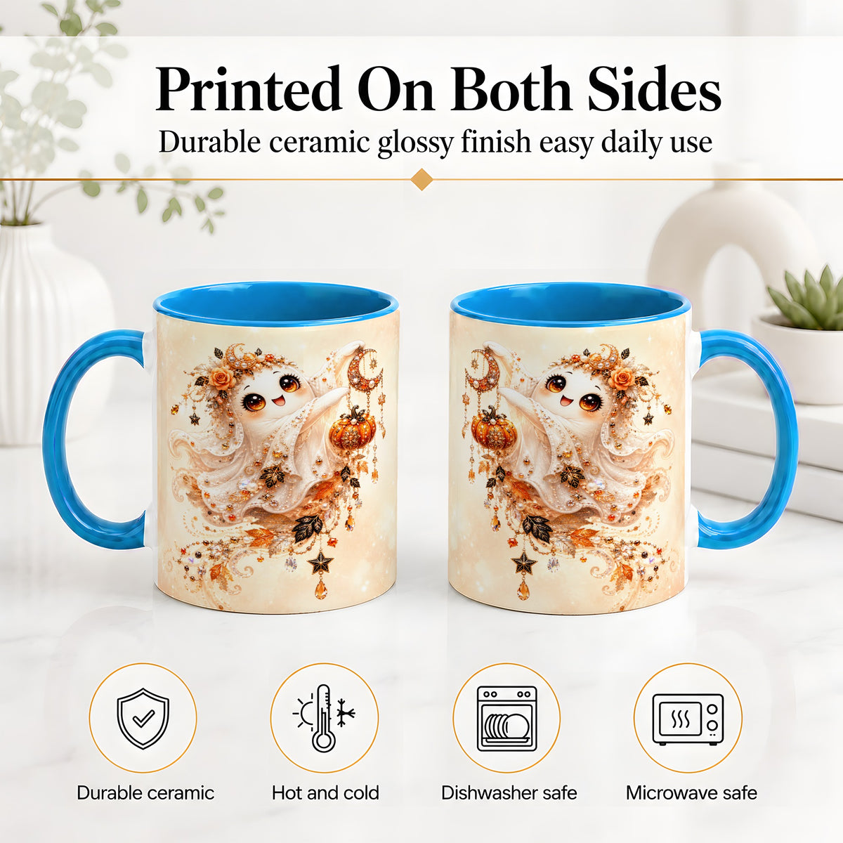 #pl[11oz|Blue] Celestial Autumn Ghost Ceramic Mug, Moon Pumpkin Art for Ghost Fans