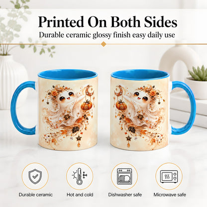 #pl[11oz|Blue] Celestial Autumn Ghost Ceramic Mug, Moon Pumpkin Art for Ghost Fans