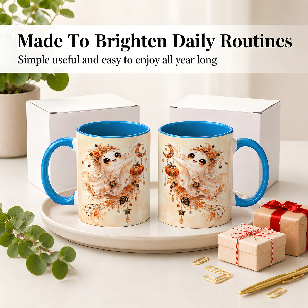 #pl[11oz|Blue] Celestial Autumn Ghost Ceramic Mug, Moon Pumpkin Art for Ghost Fans