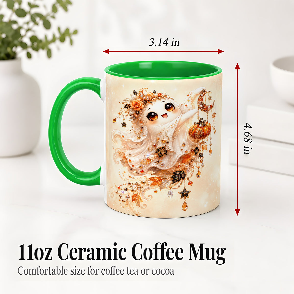 #pl[11oz|Green] Celestial Autumn Ghost Ceramic Mug, Moon Pumpkin Art for Ghost Fans