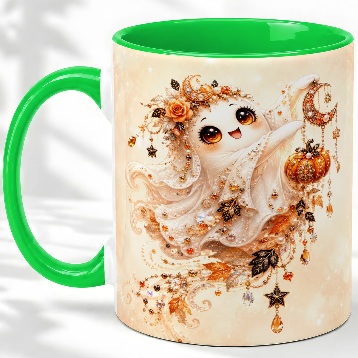 #pl[11oz|Green] Celestial Autumn Ghost Ceramic Mug, Moon Pumpkin Art for Ghost Fans