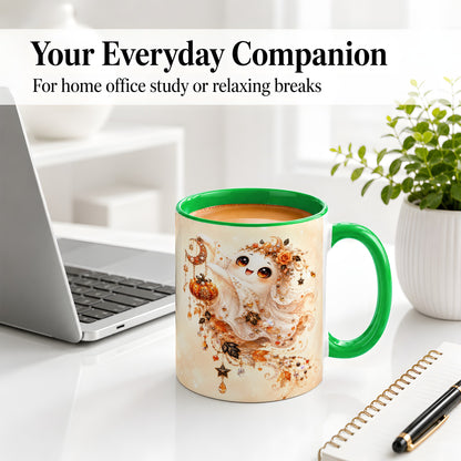 #pl[11oz|Green] Celestial Autumn Ghost Ceramic Mug, Moon Pumpkin Art for Ghost Fans