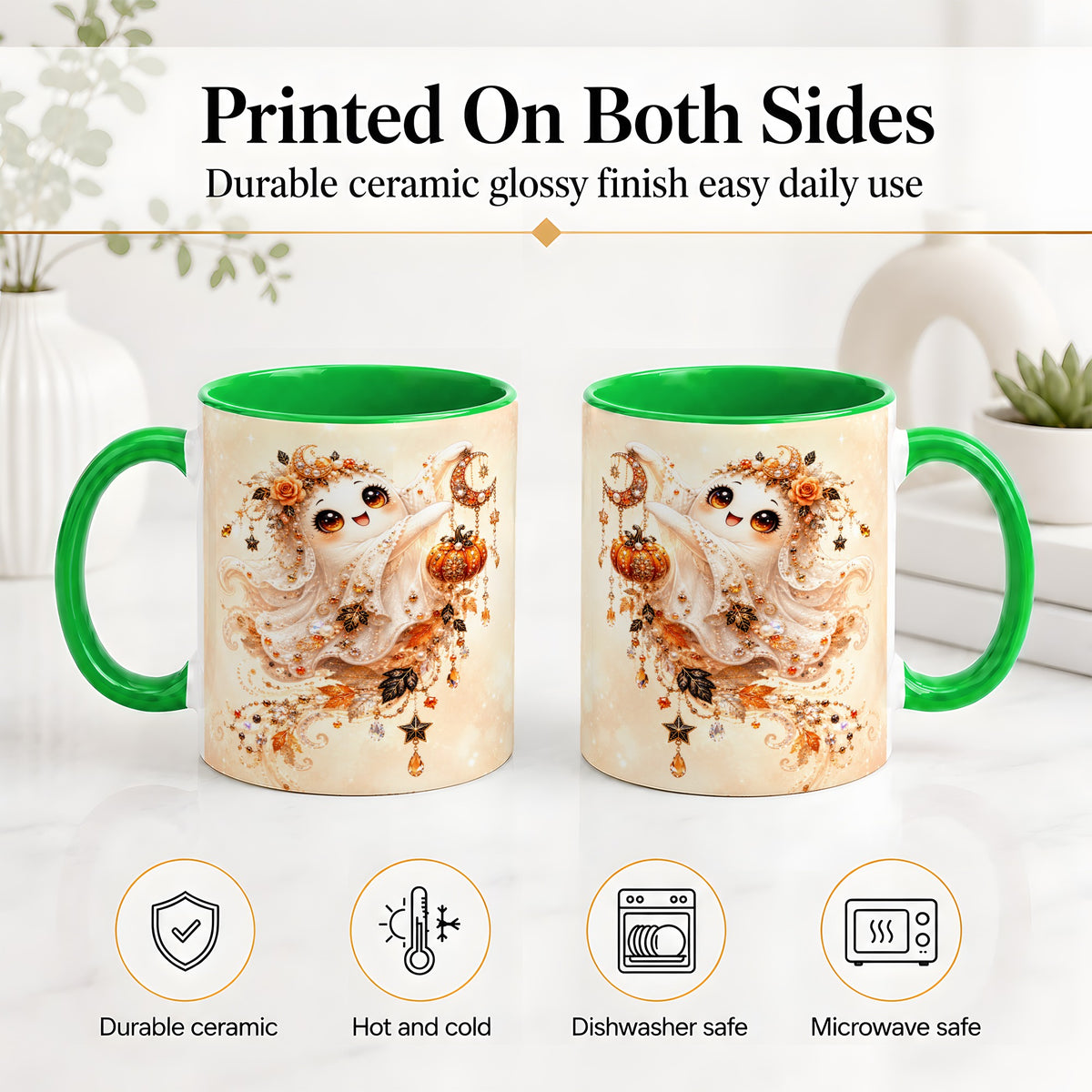 #pl[11oz|Green] Celestial Autumn Ghost Ceramic Mug, Moon Pumpkin Art for Ghost Fans