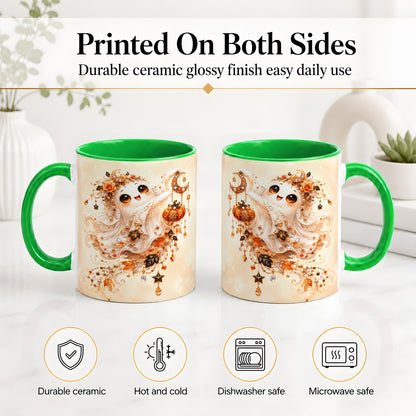 #pl[11oz|Green] Celestial Autumn Ghost Ceramic Mug, Moon Pumpkin Art for Ghost Fans
