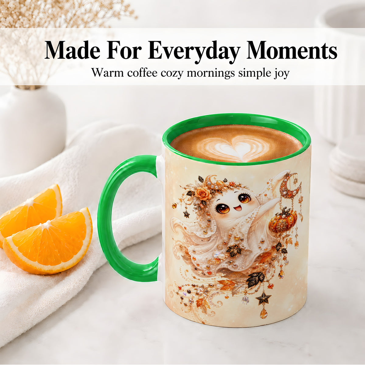 #pl[11oz|Green] Celestial Autumn Ghost Ceramic Mug, Moon Pumpkin Art for Ghost Fans