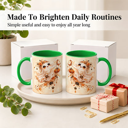 #pl[11oz|Green] Celestial Autumn Ghost Ceramic Mug, Moon Pumpkin Art for Ghost Fans