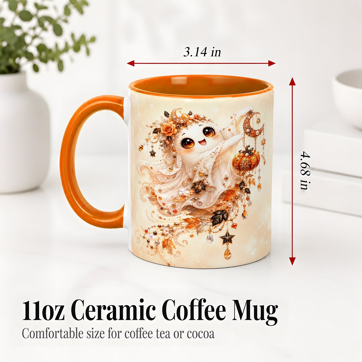 #pl[11oz|Orange] Celestial Autumn Ghost Ceramic Mug, Moon Pumpkin Art for Ghost Fans