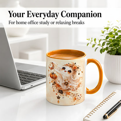 #pl[11oz|Orange] Celestial Autumn Ghost Ceramic Mug, Moon Pumpkin Art for Ghost Fans