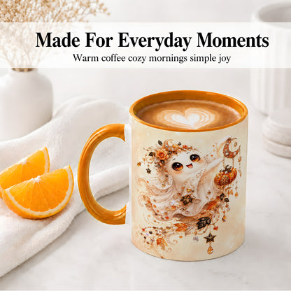 #pl[11oz|Orange] Celestial Autumn Ghost Ceramic Mug, Moon Pumpkin Art for Ghost Fans