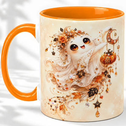 #pl[11oz|Orange] Celestial Autumn Ghost Ceramic Mug, Moon Pumpkin Art for Ghost Fans