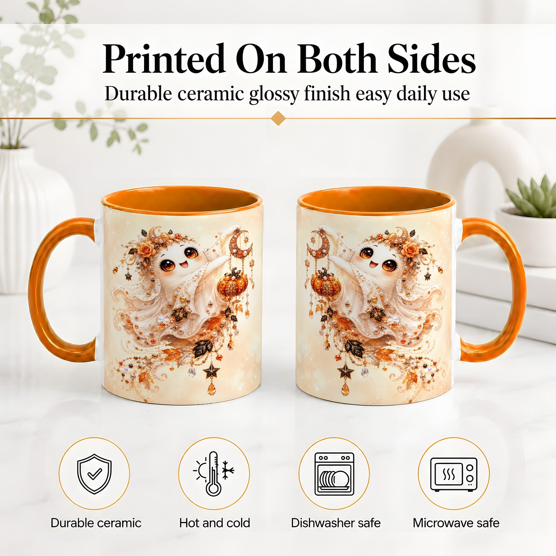 #pl[11oz|Orange] Celestial Autumn Ghost Ceramic Mug, Moon Pumpkin Art for Ghost Fans