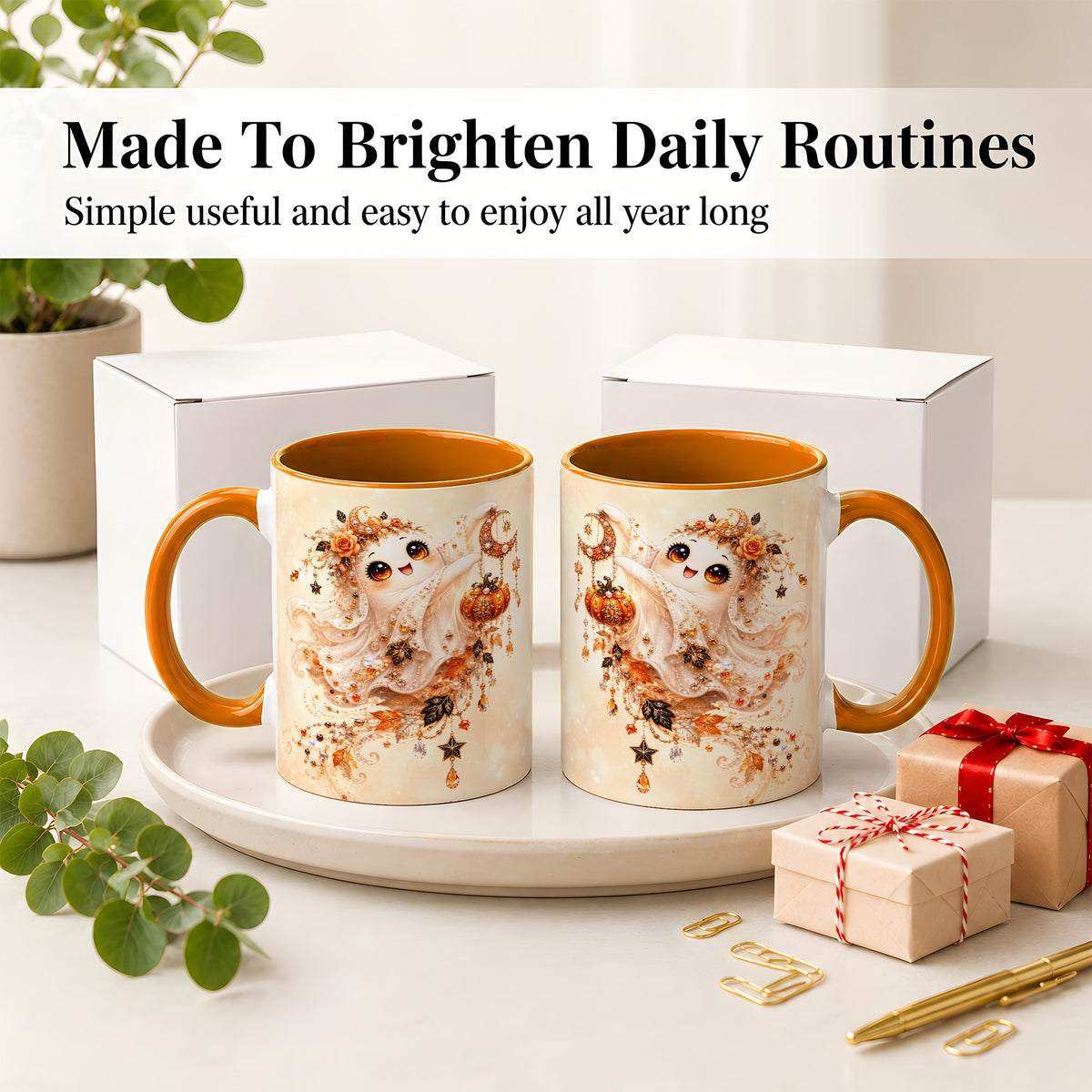 #pl[11oz|Orange] Celestial Autumn Ghost Ceramic Mug, Moon Pumpkin Art for Ghost Fans