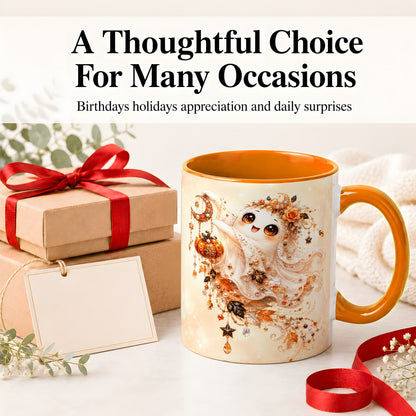 #pl[11oz|Orange] Celestial Autumn Ghost Ceramic Mug, Moon Pumpkin Art for Ghost Fans