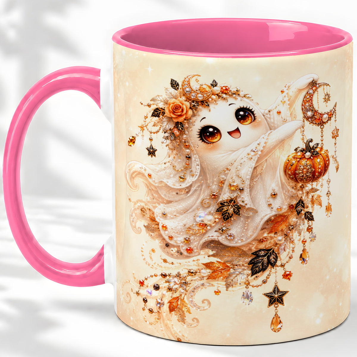 #pl[11oz|Pink] Celestial Autumn Ghost Ceramic Mug, Moon Pumpkin Art for Ghost Fans