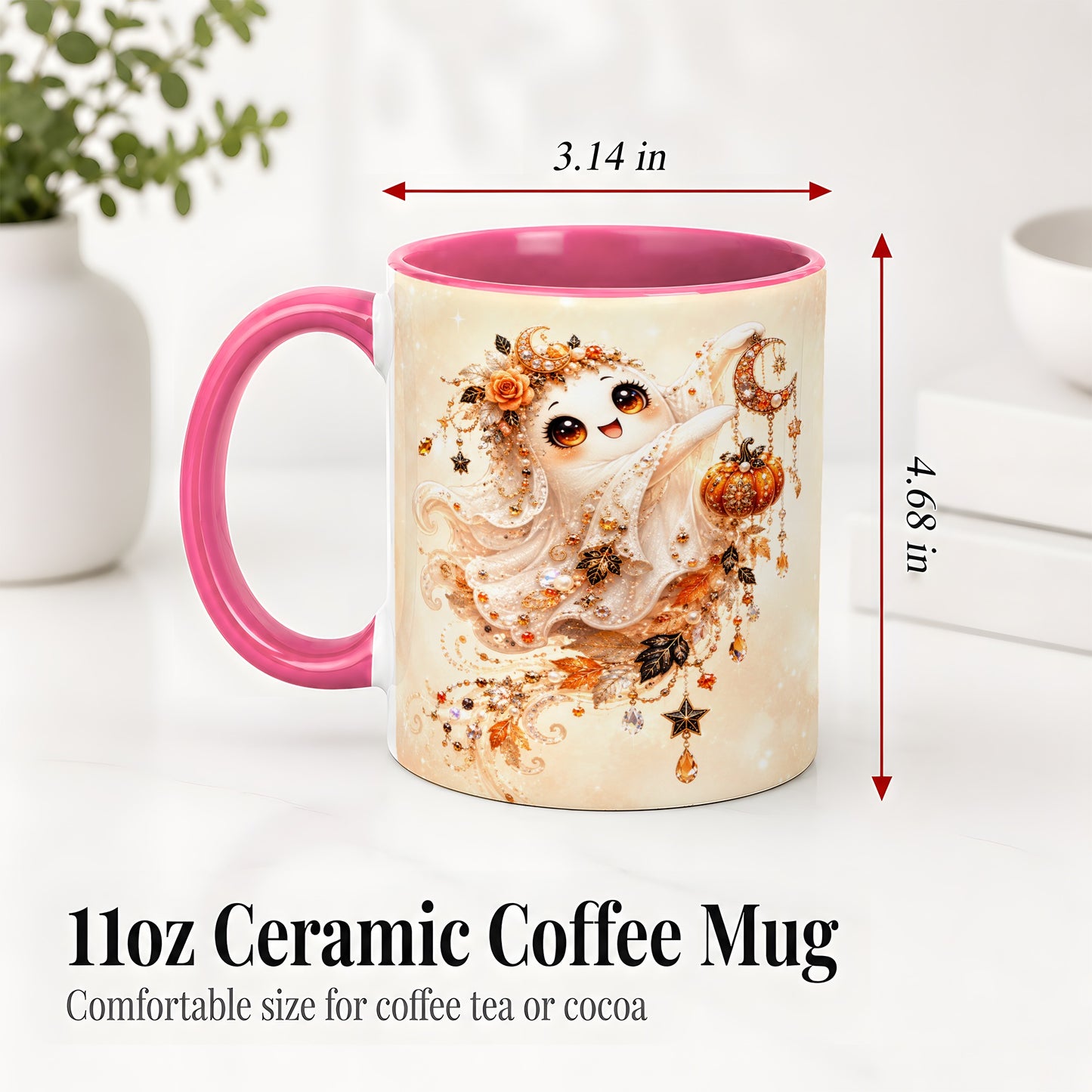 #pl[11oz|Pink] Celestial Autumn Ghost Ceramic Mug, Moon Pumpkin Art for Ghost Fans