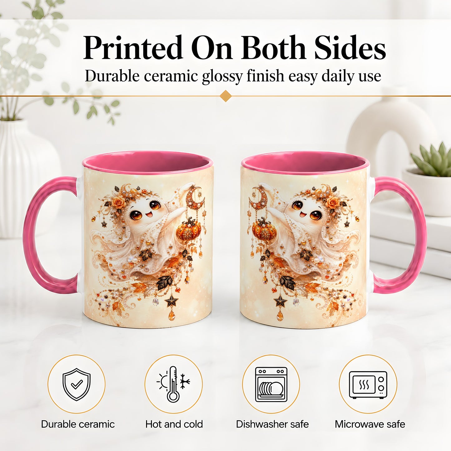 #pl[11oz|Pink] Celestial Autumn Ghost Ceramic Mug, Moon Pumpkin Art for Ghost Fans