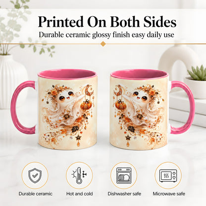 #pl[11oz|Pink] Celestial Autumn Ghost Ceramic Mug, Moon Pumpkin Art for Ghost Fans