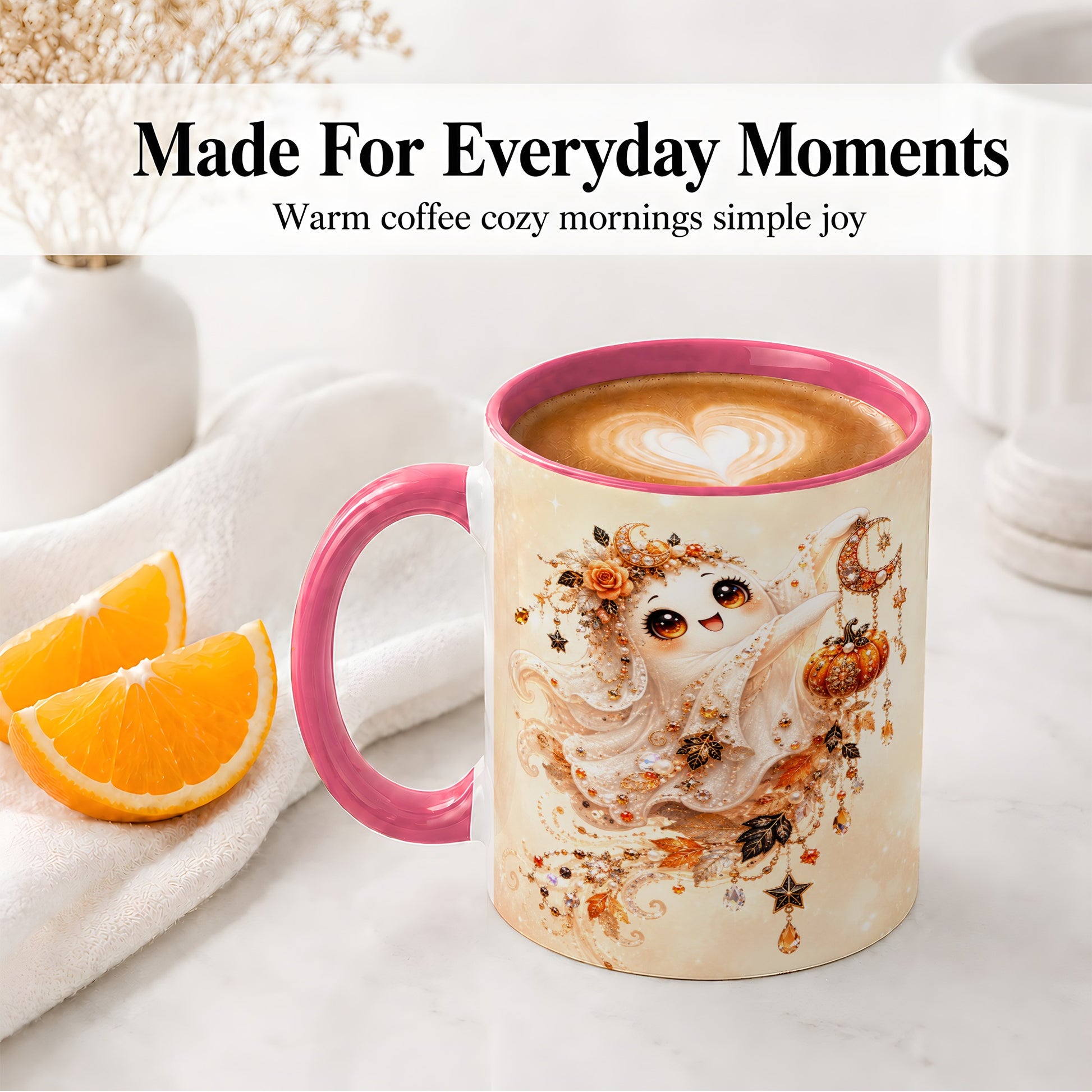 #pl[11oz|Pink] Celestial Autumn Ghost Ceramic Mug, Moon Pumpkin Art for Ghost Fans