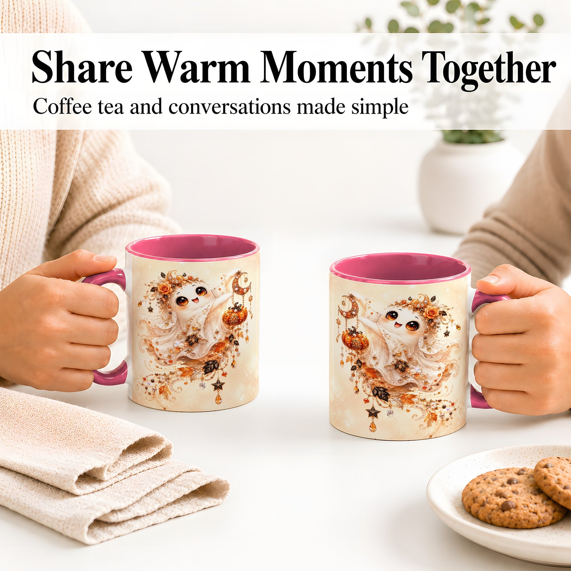#pl[11oz|Pink] Celestial Autumn Ghost Ceramic Mug, Moon Pumpkin Art for Ghost Fans