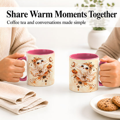 #pl[11oz|Pink] Celestial Autumn Ghost Ceramic Mug, Moon Pumpkin Art for Ghost Fans