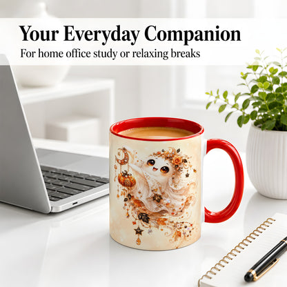 #pl[11oz|Red] Celestial Autumn Ghost Ceramic Mug, Moon Pumpkin Art for Ghost Fans