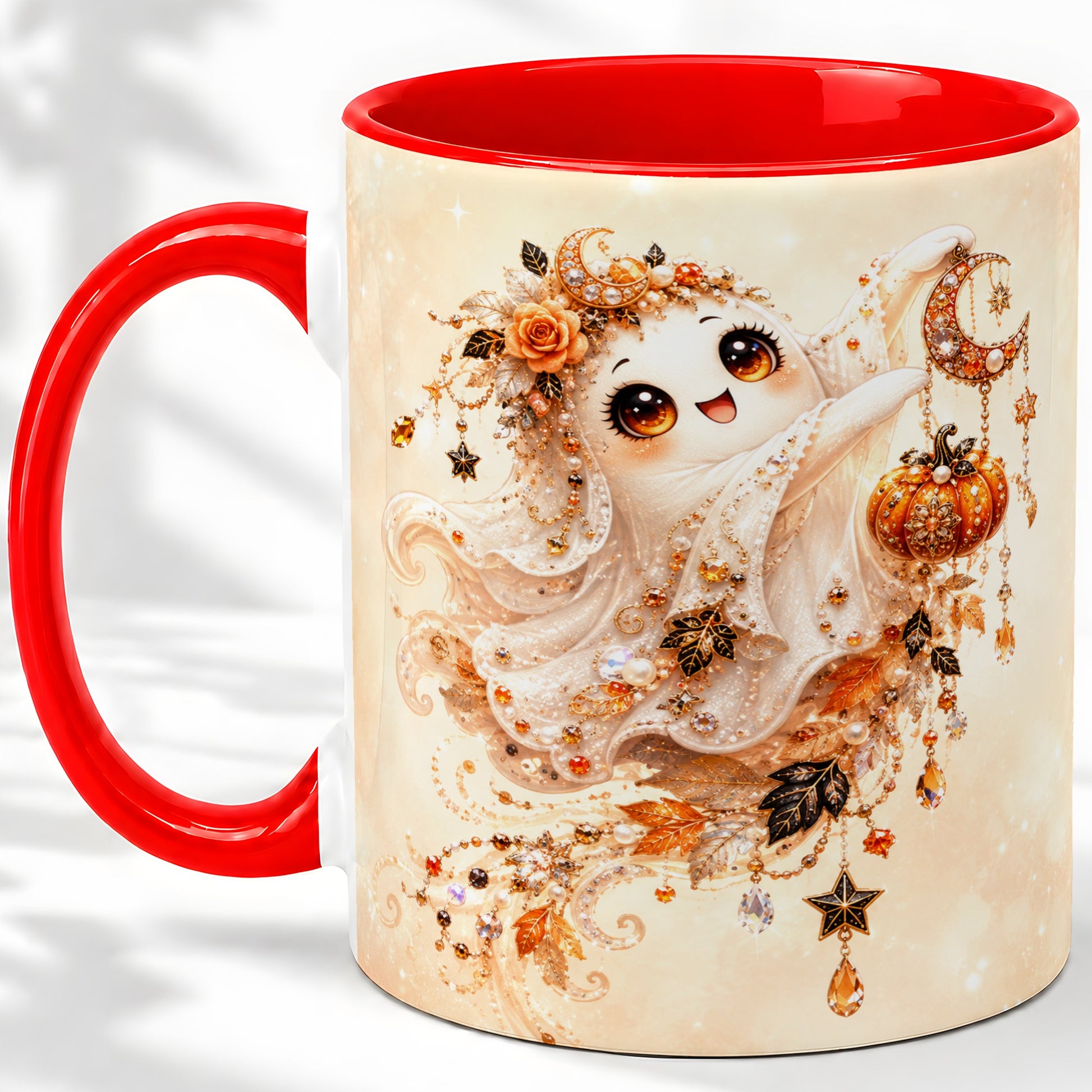 Celestial Autumn Ghost Ceramic Mug, Moon Pumpkin Art for Ghost Fans