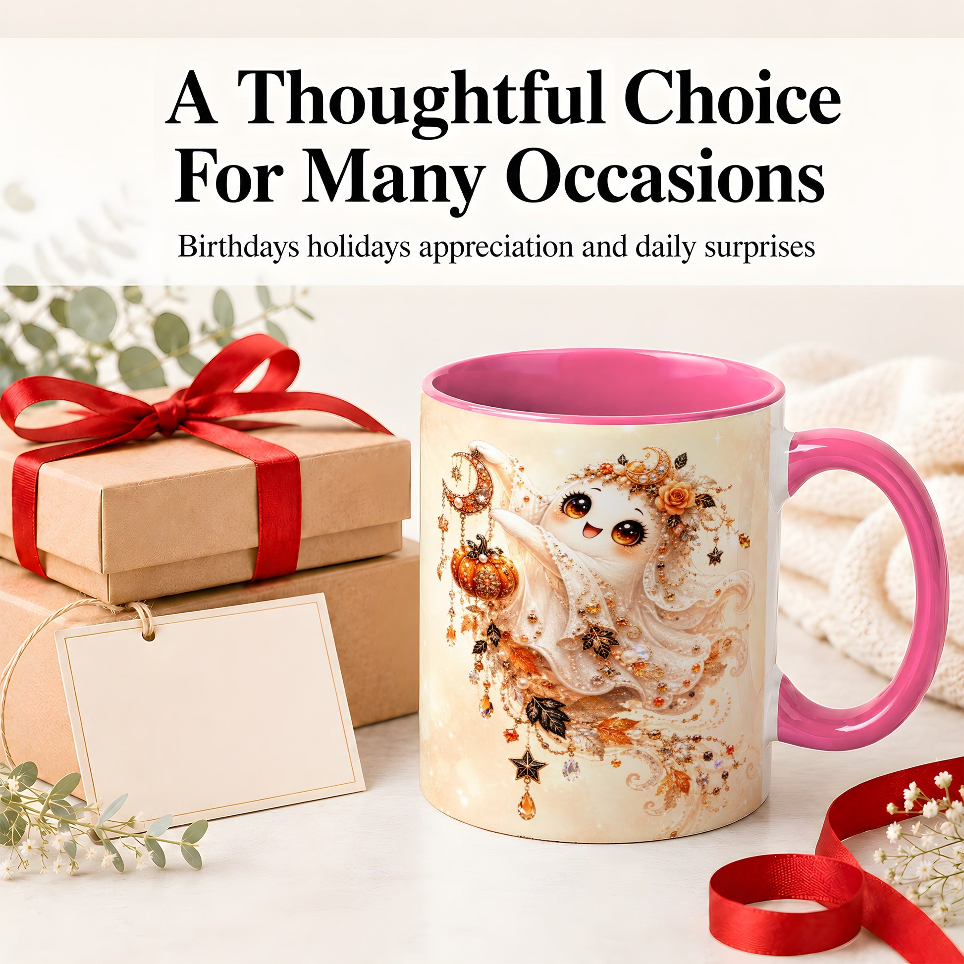 #pl[11oz|Pink] Celestial Autumn Ghost Ceramic Mug, Moon Pumpkin Art for Ghost Fans