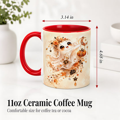 #pl[11oz|Red] Celestial Autumn Ghost Ceramic Mug, Moon Pumpkin Art for Ghost Fans