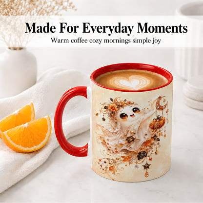 #pl[11oz|Red] Celestial Autumn Ghost Ceramic Mug, Moon Pumpkin Art for Ghost Fans