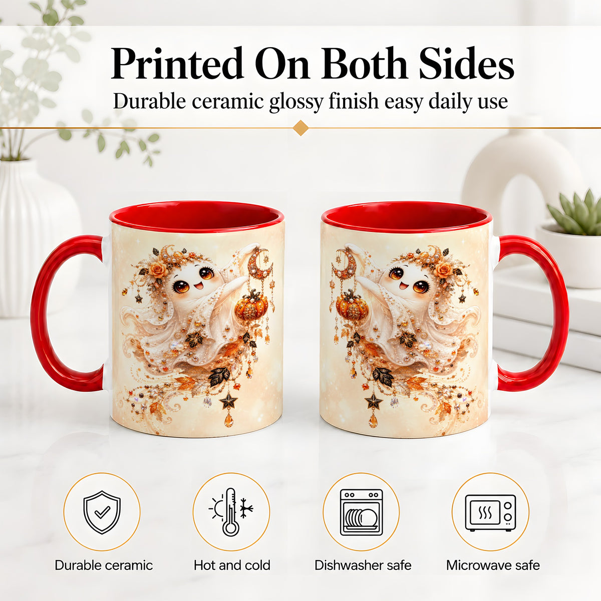 #pl[11oz|Red] Celestial Autumn Ghost Ceramic Mug, Moon Pumpkin Art for Ghost Fans