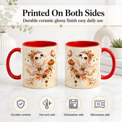 #pl[11oz|Red] Celestial Autumn Ghost Ceramic Mug, Moon Pumpkin Art for Ghost Fans