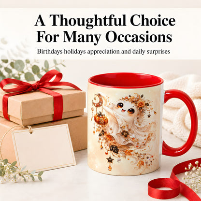 #pl[11oz|Red] Celestial Autumn Ghost Ceramic Mug, Moon Pumpkin Art for Ghost Fans