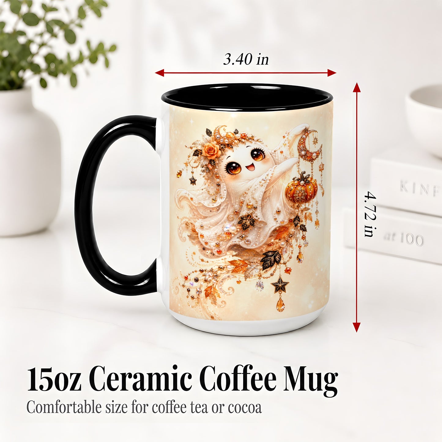 #pl[15oz|Black] Celestial Autumn Ghost Ceramic Mug, Moon Pumpkin Art for Ghost Fans