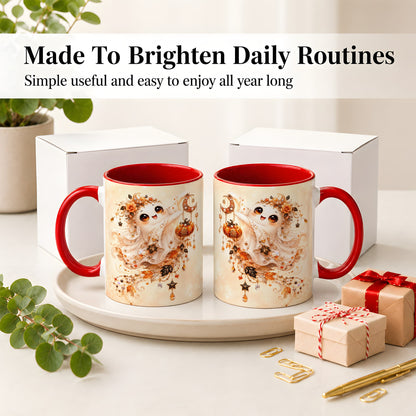 #pl[11oz|Red] Celestial Autumn Ghost Ceramic Mug, Moon Pumpkin Art for Ghost Fans