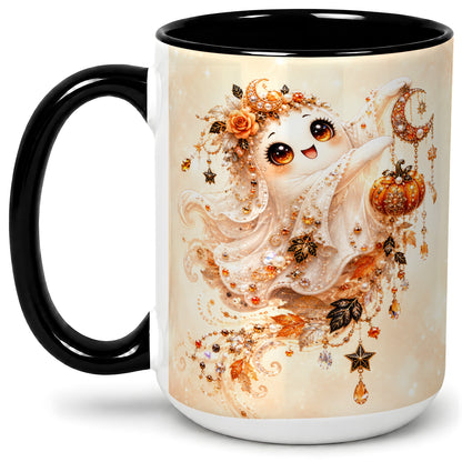 #pl[15oz|Black] Celestial Autumn Ghost Ceramic Mug, Moon Pumpkin Art for Ghost Fans