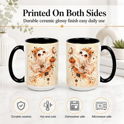 #pl[15oz|Black] Celestial Autumn Ghost Ceramic Mug, Moon Pumpkin Art for Ghost Fans