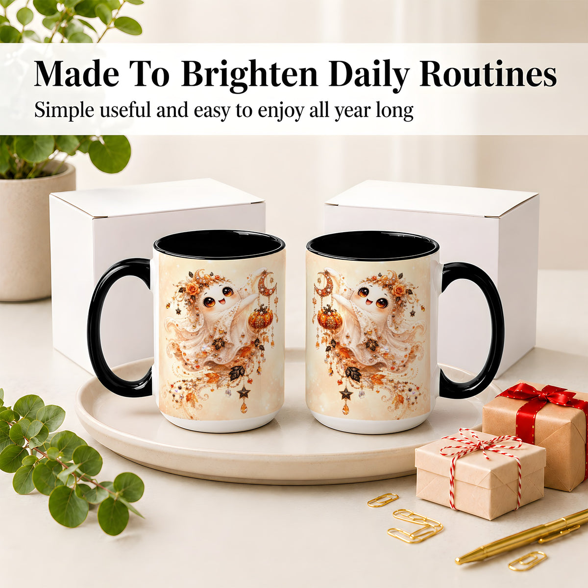 #pl[15oz|Black] Celestial Autumn Ghost Ceramic Mug, Moon Pumpkin Art for Ghost Fans