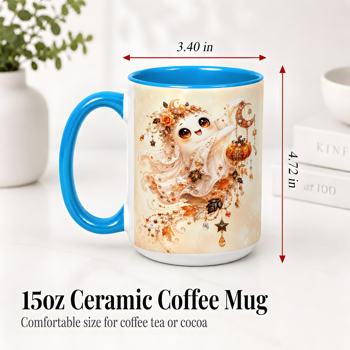 #pl[15oz|Blue] Celestial Autumn Ghost Ceramic Mug, Moon Pumpkin Art for Ghost Fans