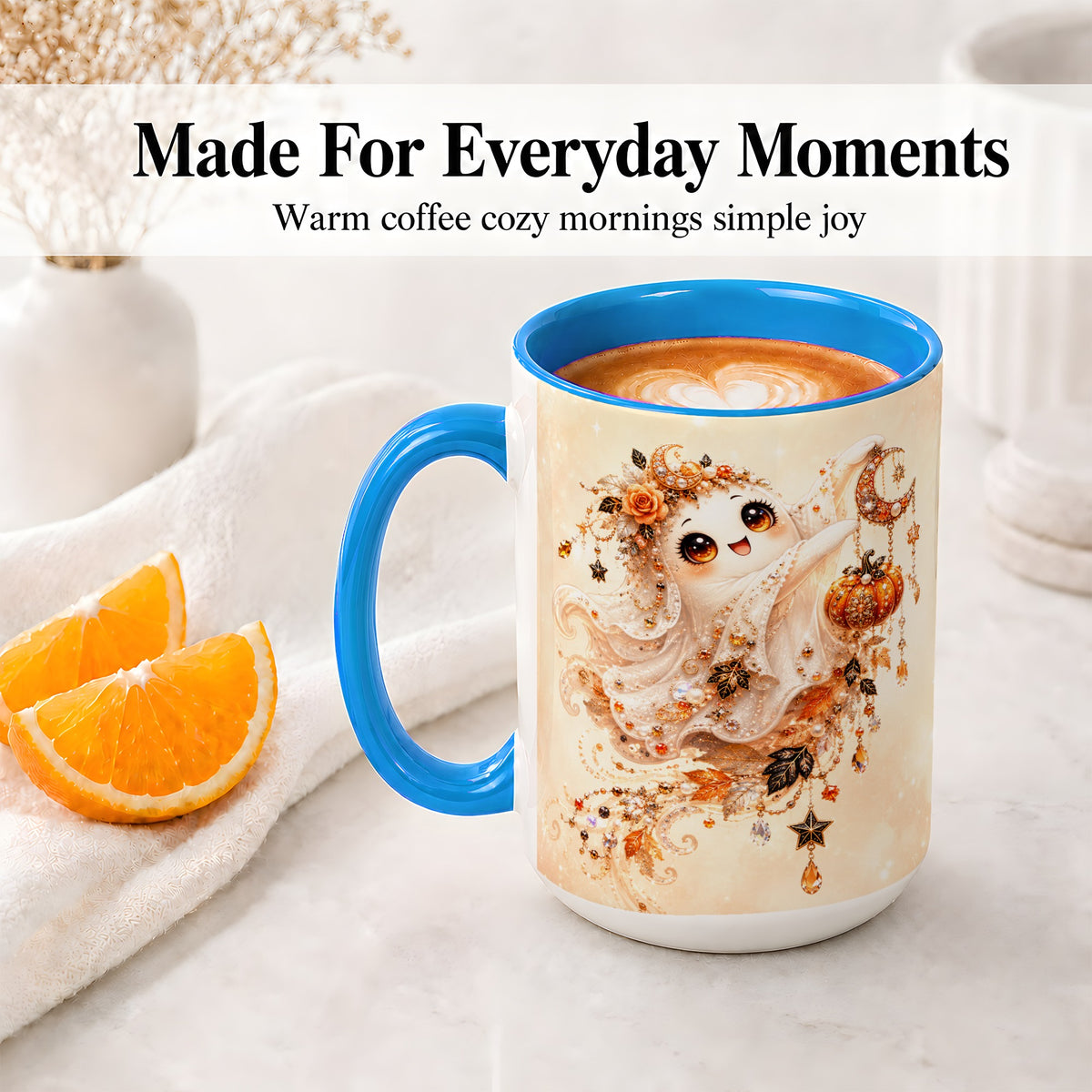 #pl[15oz|Blue] Celestial Autumn Ghost Ceramic Mug, Moon Pumpkin Art for Ghost Fans
