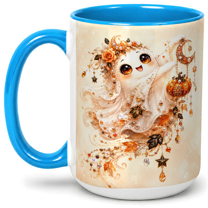 #pl[15oz|Blue] Celestial Autumn Ghost Ceramic Mug, Moon Pumpkin Art for Ghost Fans