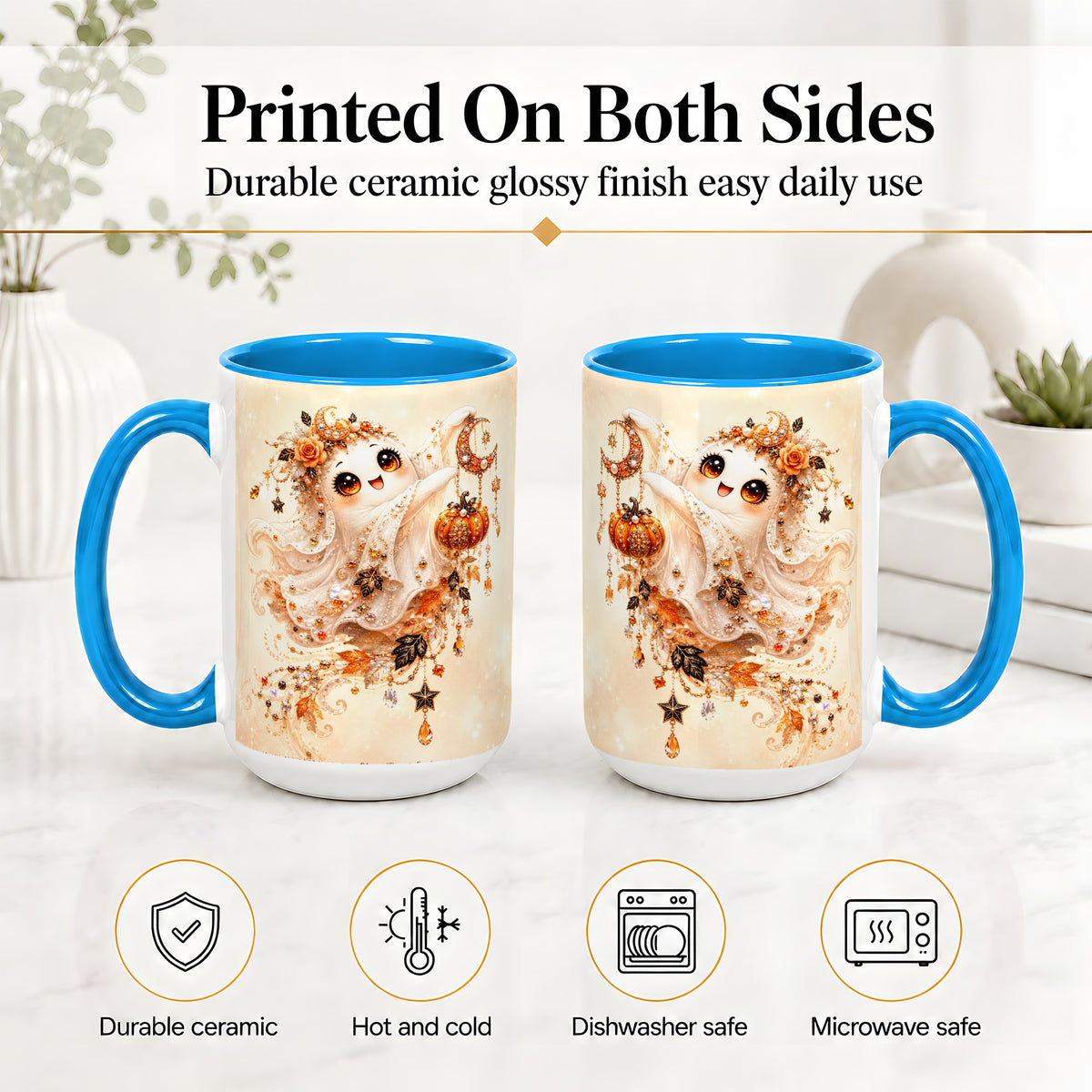 #pl[15oz|Blue] Celestial Autumn Ghost Ceramic Mug, Moon Pumpkin Art for Ghost Fans