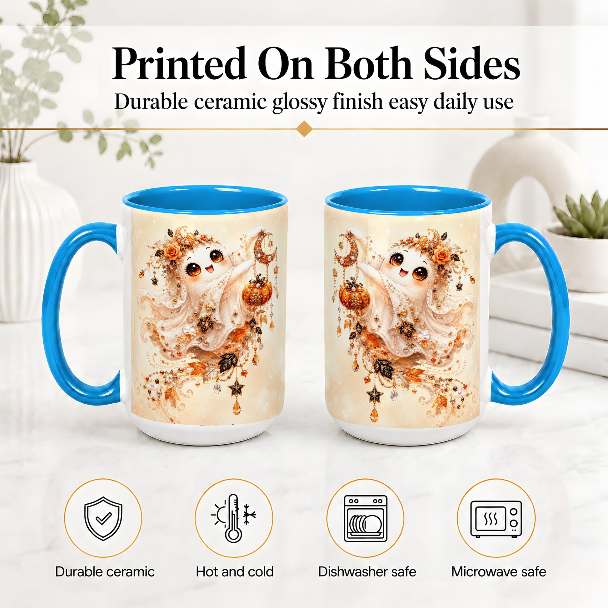 #pl[15oz|Blue] Celestial Autumn Ghost Ceramic Mug, Moon Pumpkin Art for Ghost Fans