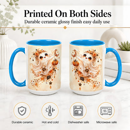 #pl[15oz|Blue] Celestial Autumn Ghost Ceramic Mug, Moon Pumpkin Art for Ghost Fans