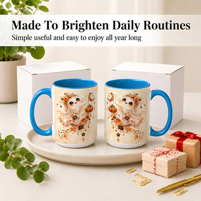 #pl[15oz|Blue] Celestial Autumn Ghost Ceramic Mug, Moon Pumpkin Art for Ghost Fans
