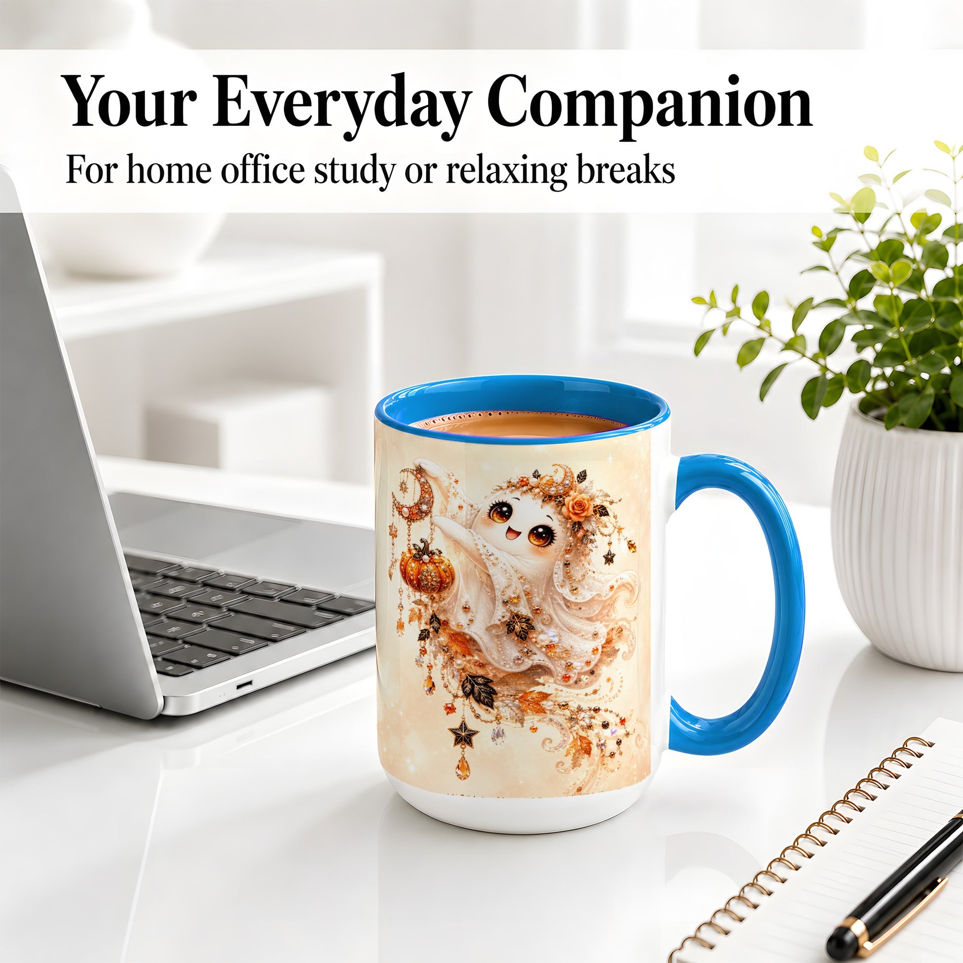 #pl[15oz|Blue] Celestial Autumn Ghost Ceramic Mug, Moon Pumpkin Art for Ghost Fans