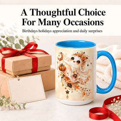#pl[15oz|Blue] Celestial Autumn Ghost Ceramic Mug, Moon Pumpkin Art for Ghost Fans