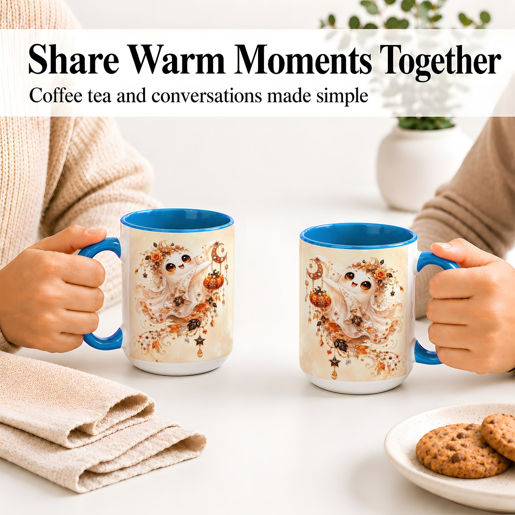 #pl[15oz|Blue] Celestial Autumn Ghost Ceramic Mug, Moon Pumpkin Art for Ghost Fans