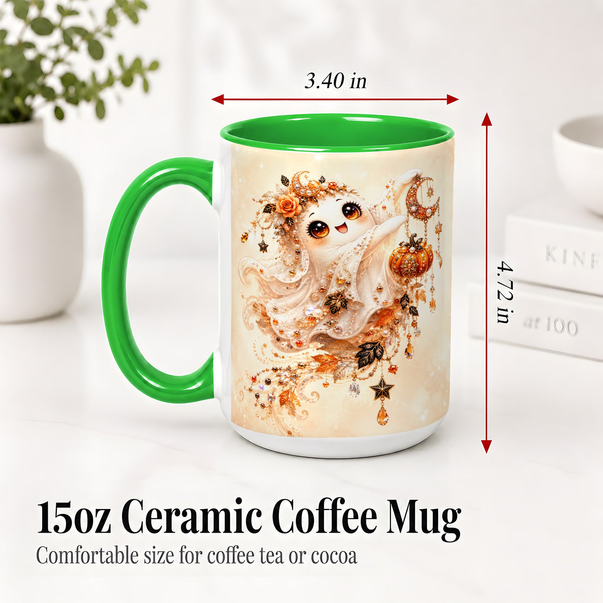 #pl[15oz|Green] Celestial Autumn Ghost Ceramic Mug, Moon Pumpkin Art for Ghost Fans