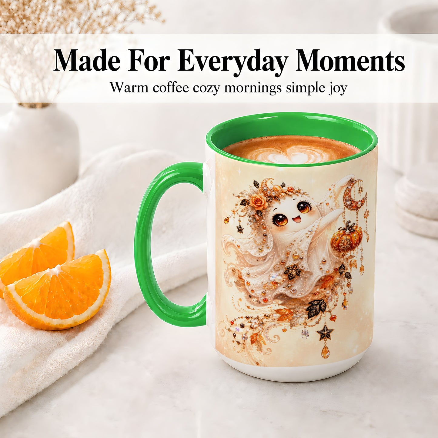 #pl[15oz|Green] Celestial Autumn Ghost Ceramic Mug, Moon Pumpkin Art for Ghost Fans